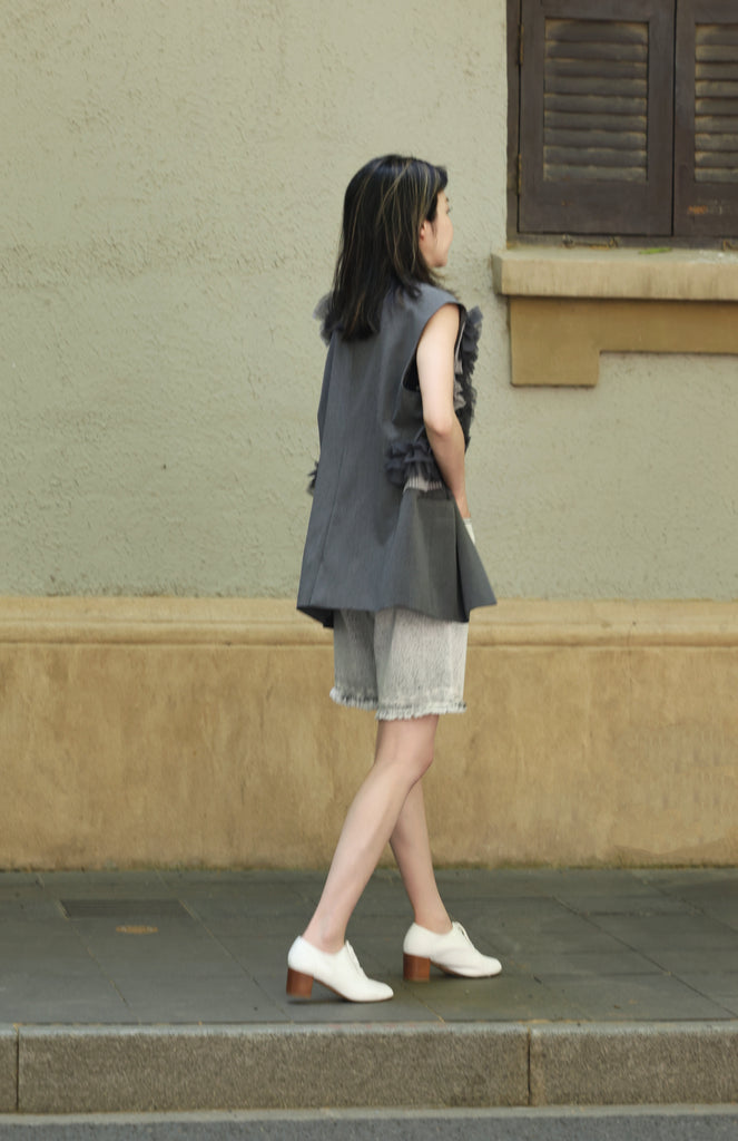 Grey Layered Ruffle Structured Sleeveless Gilet Blazer