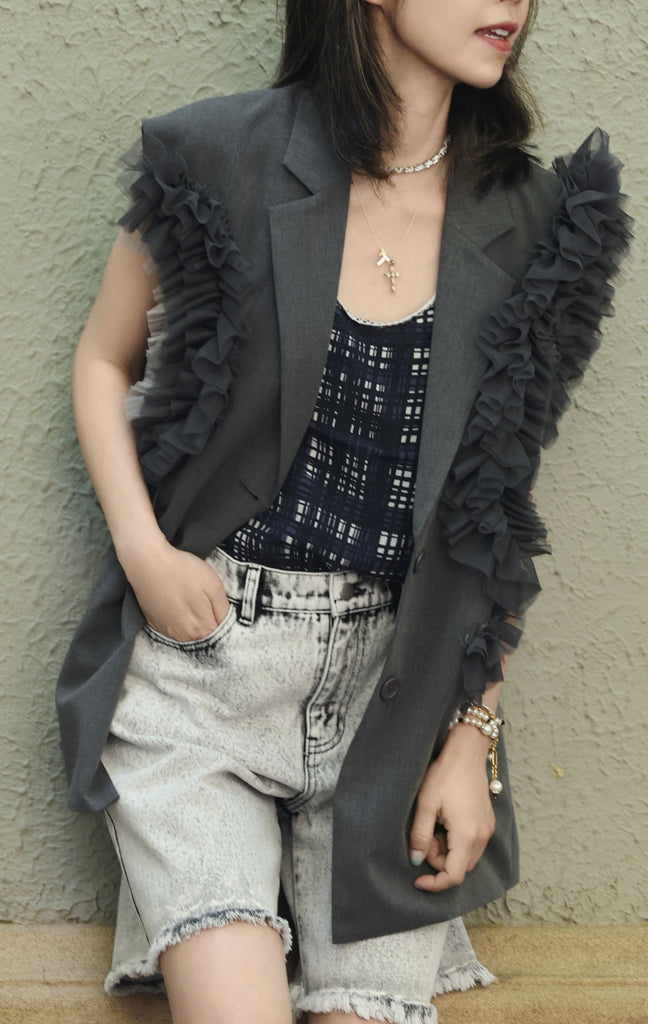 Grey Layered Ruffle Structured Sleeveless Gilet Blazer