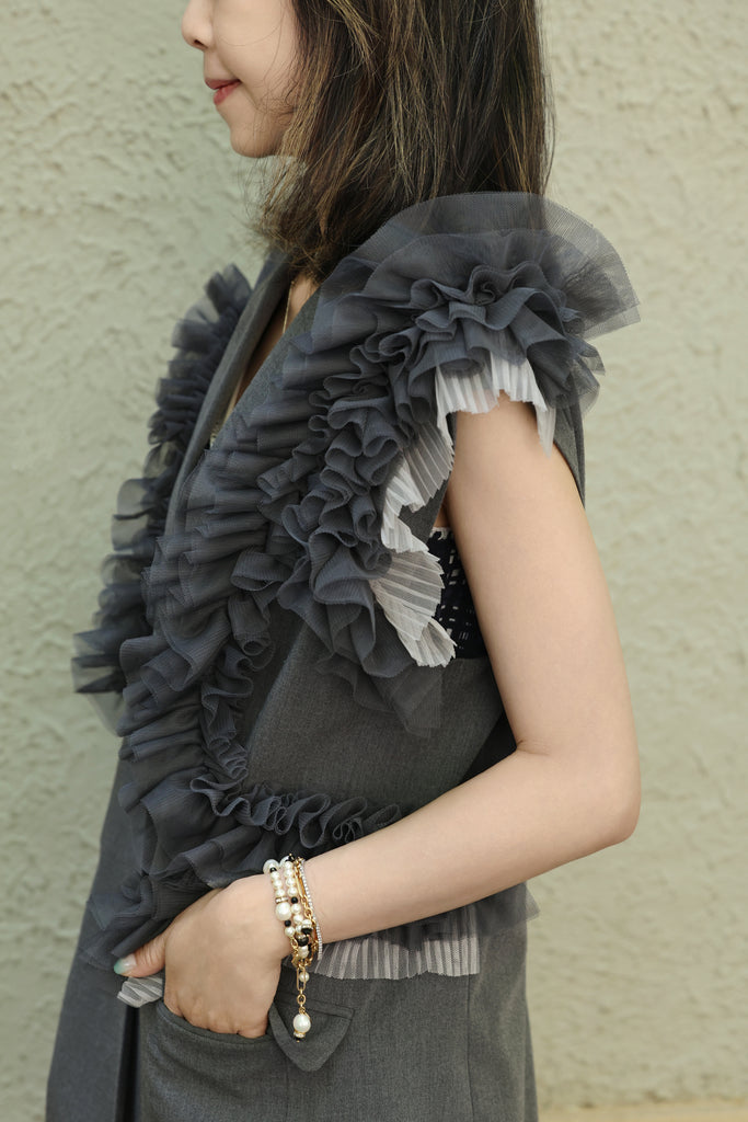 Grey Layered Ruffle Structured Sleeveless Gilet Blazer