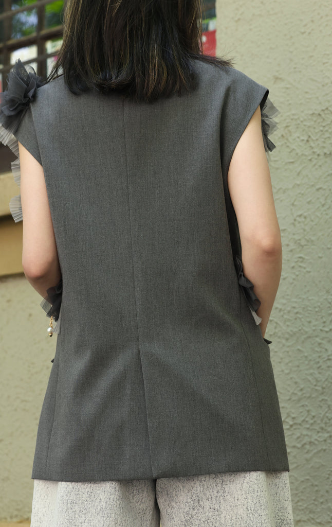 Grey Layered Ruffle Structured Sleeveless Gilet Blazer