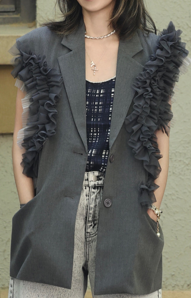 Grey Layered Ruffle Structured Sleeveless Gilet Blazer