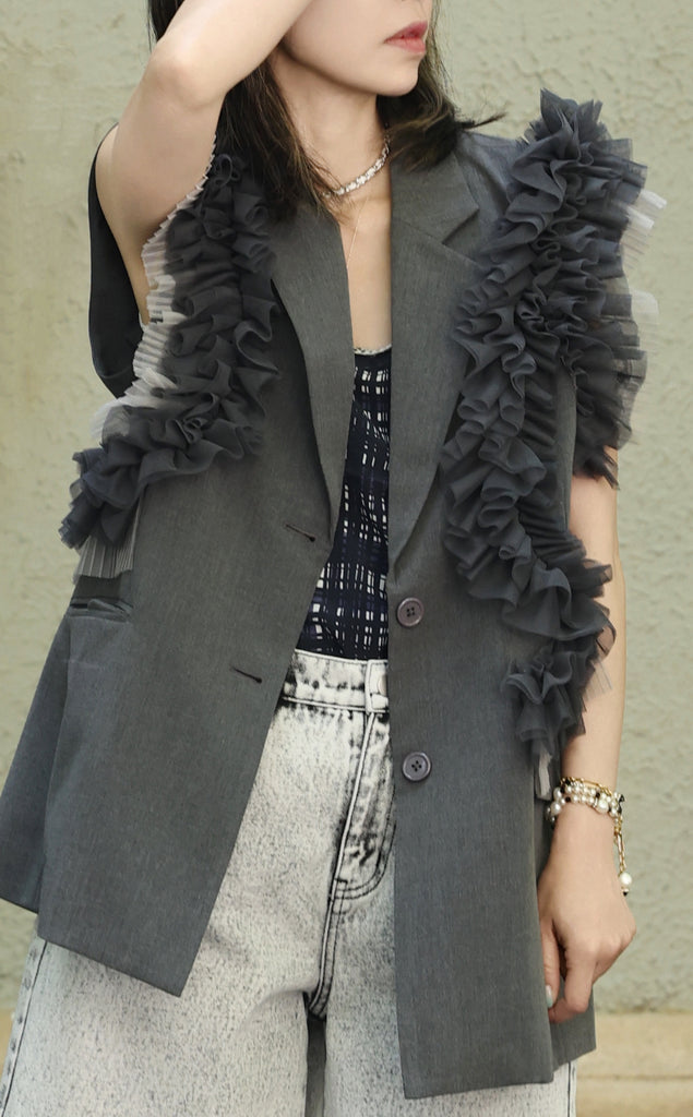 Grey Layered Ruffle Structured Sleeveless Gilet Blazer