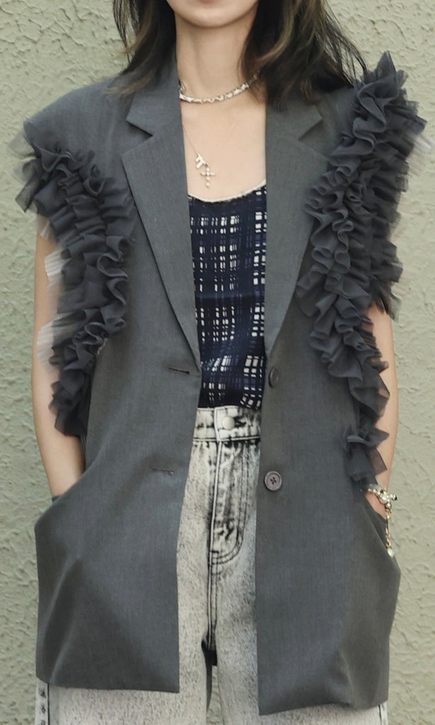 Grey Layered Ruffle Structured Sleeveless Gilet Blazer