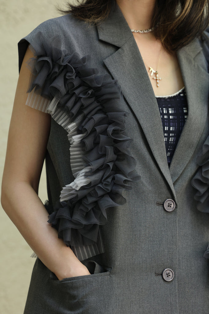 Grey Layered Ruffle Structured Sleeveless Gilet Blazer