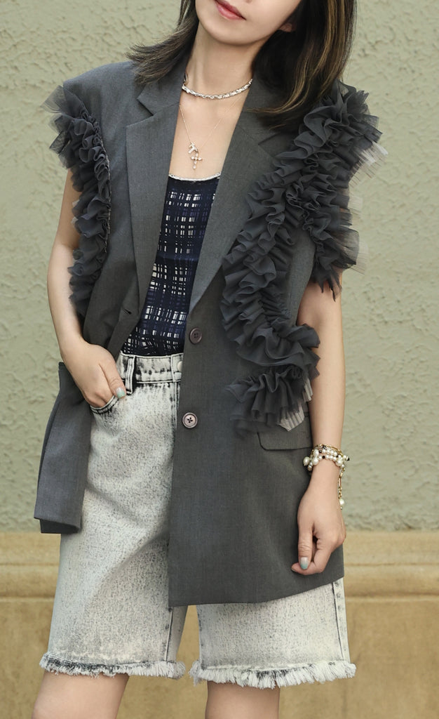 Grey Layered Ruffle Structured Sleeveless Gilet Blazer