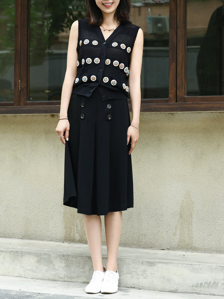 Black Double-Breasted Pleated Knee-Length Skirt