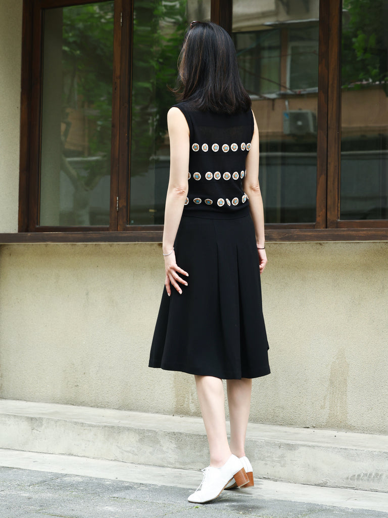 Black Floral Crochet Appliqué Sheer Knit Button Front Vest