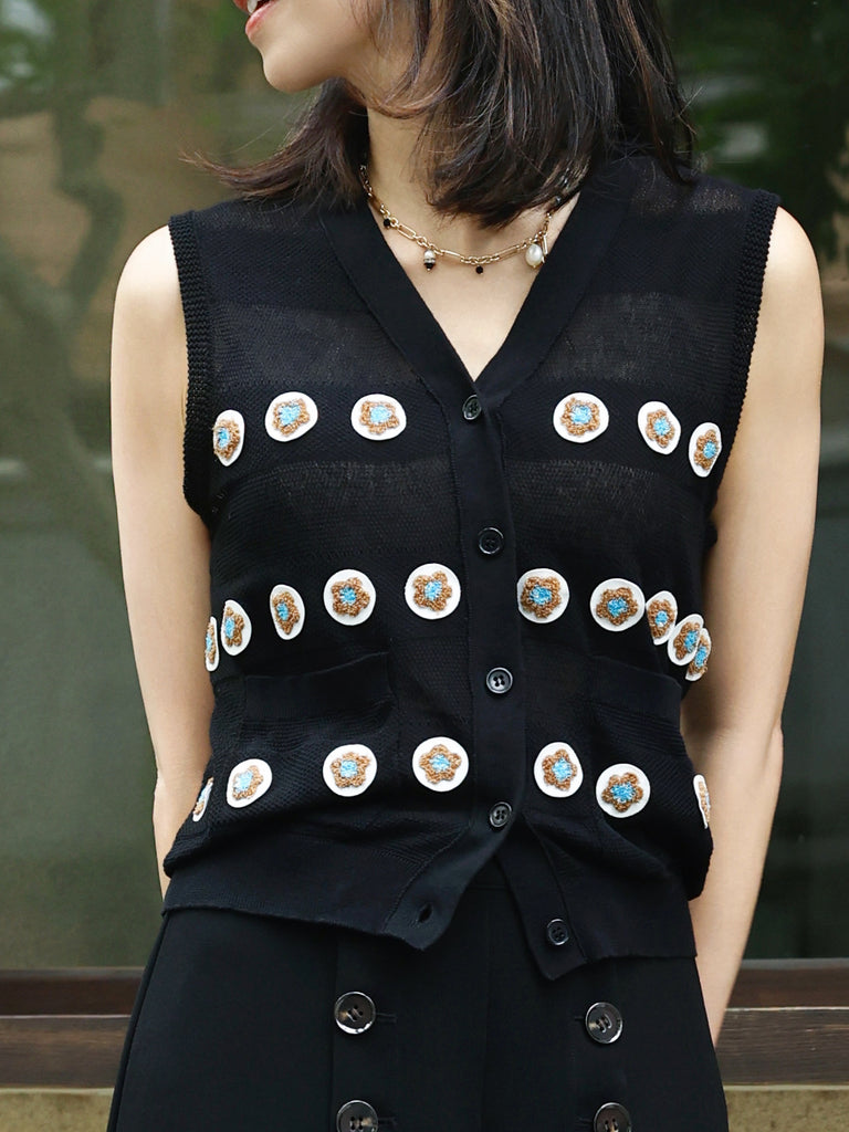 Black Floral Crochet Appliqué Sheer Knit Button Front Vest