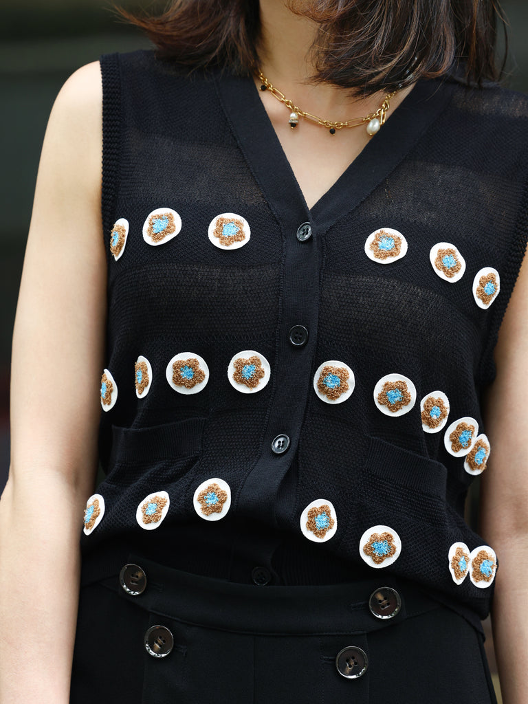 Black Floral Crochet Appliqué Sheer Knit Button Front Vest