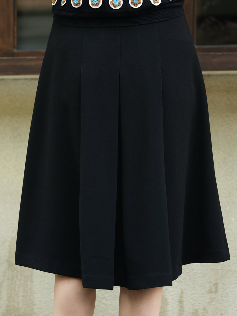 Black Double-Breasted Pleated Knee-Length Skirt
