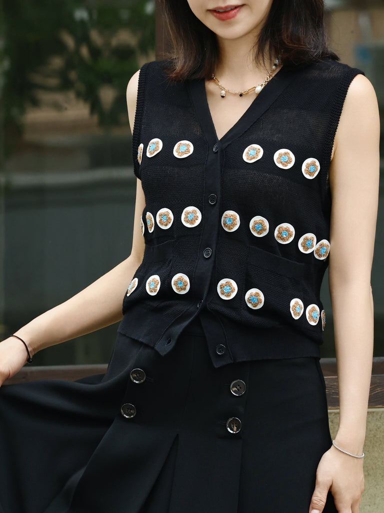 Black Floral Crochet Appliqué Sheer Knit Button Front Vest