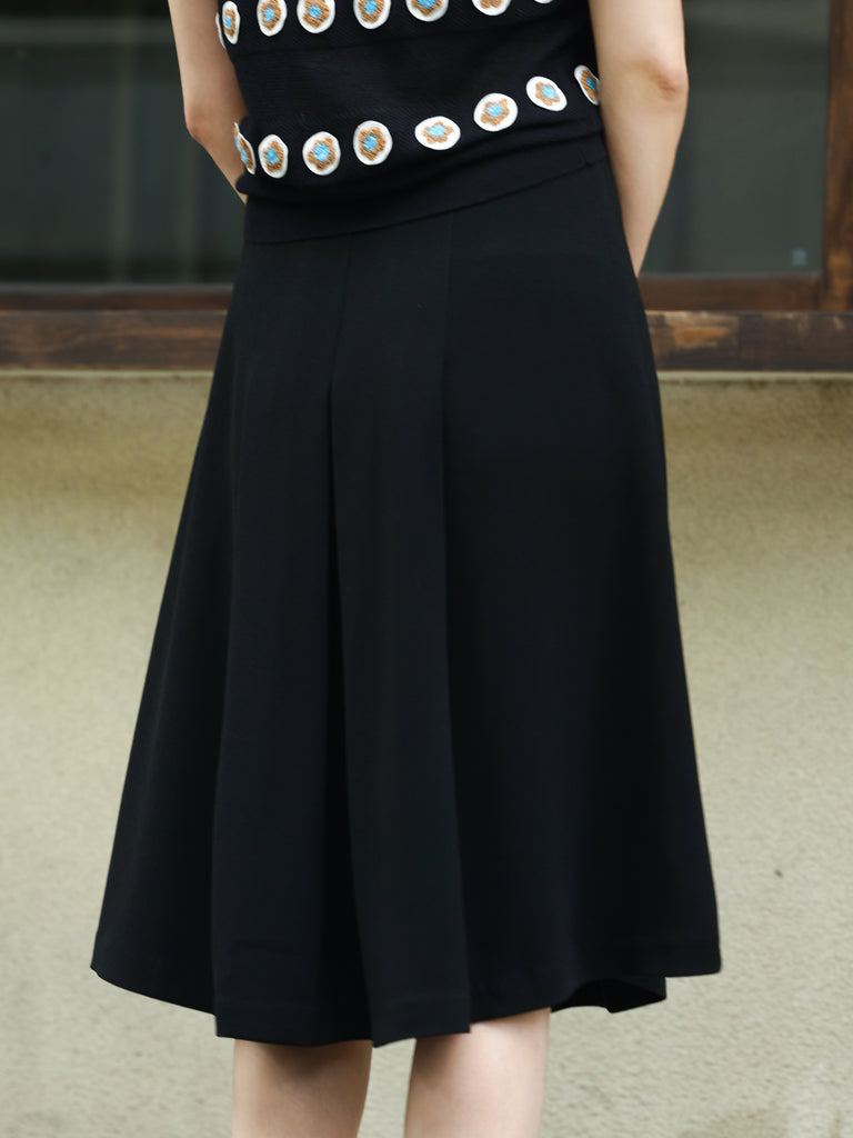 Black Double-Breasted Pleated Knee-Length Skirt