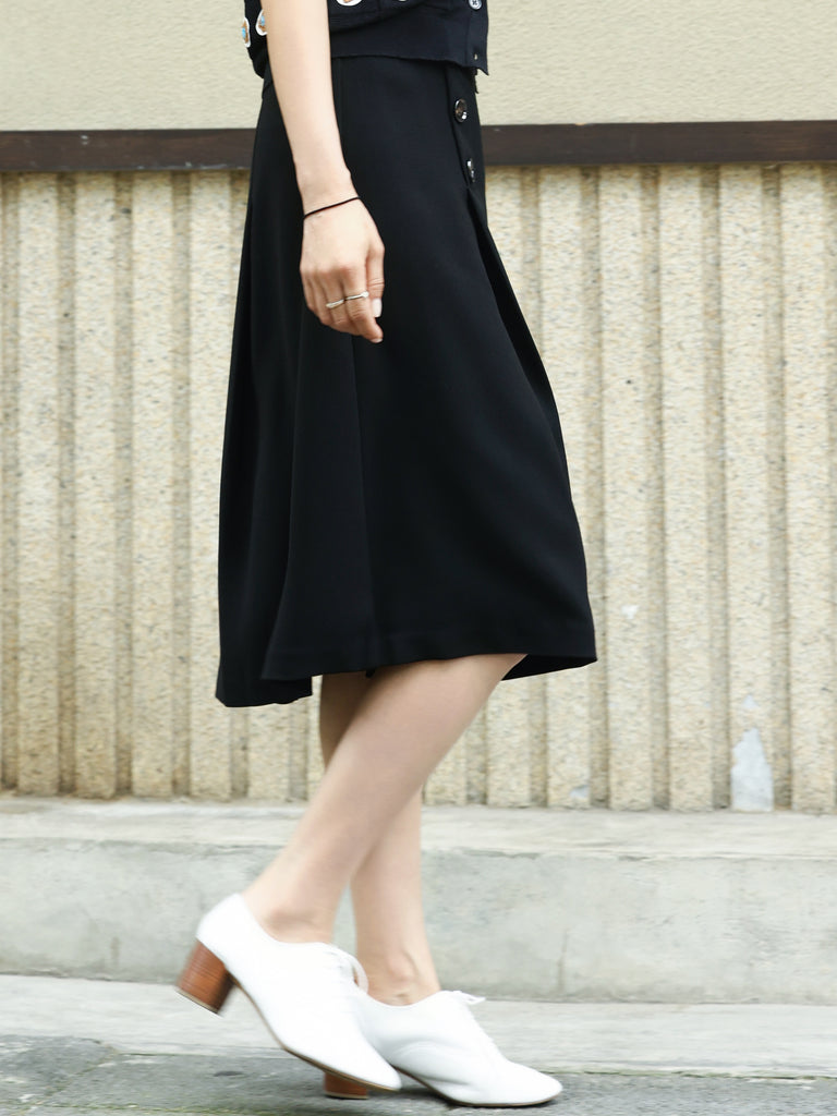 Black Double-Breasted Pleated Knee-Length Skirt