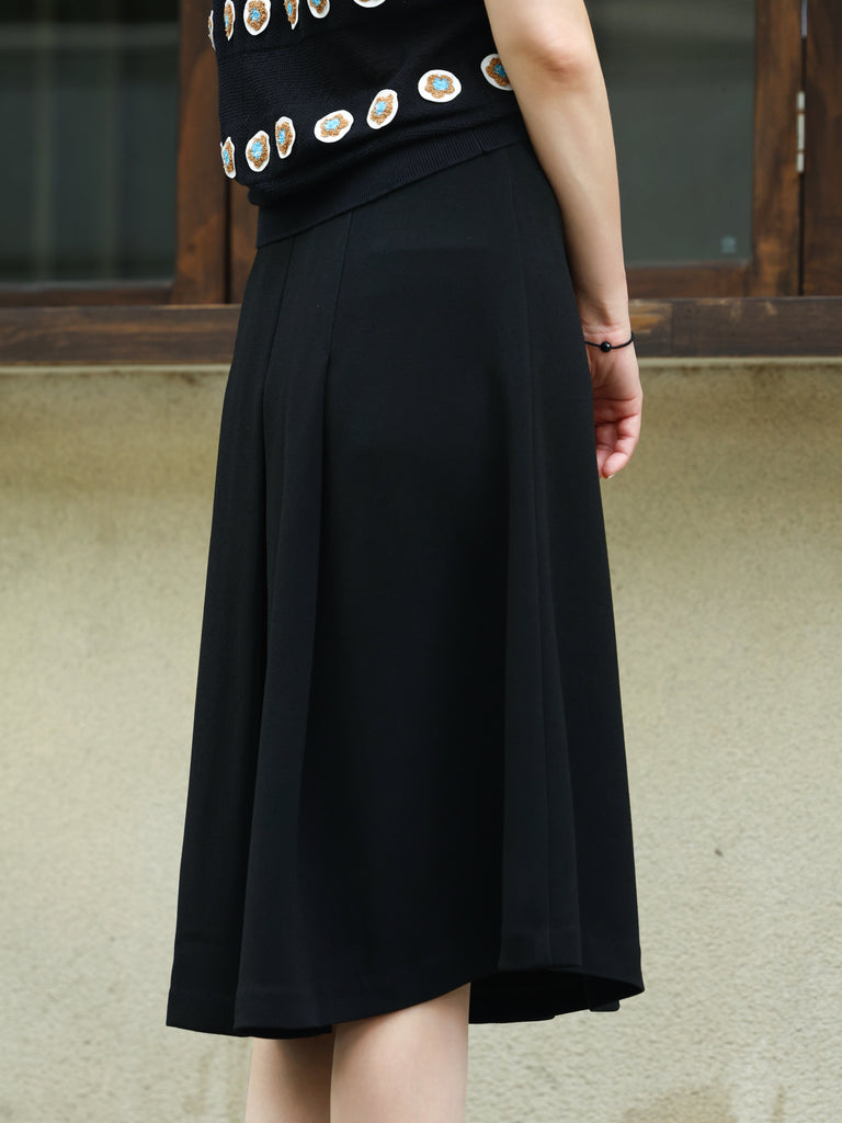 Black Double-Breasted Pleated Knee-Length Skirt