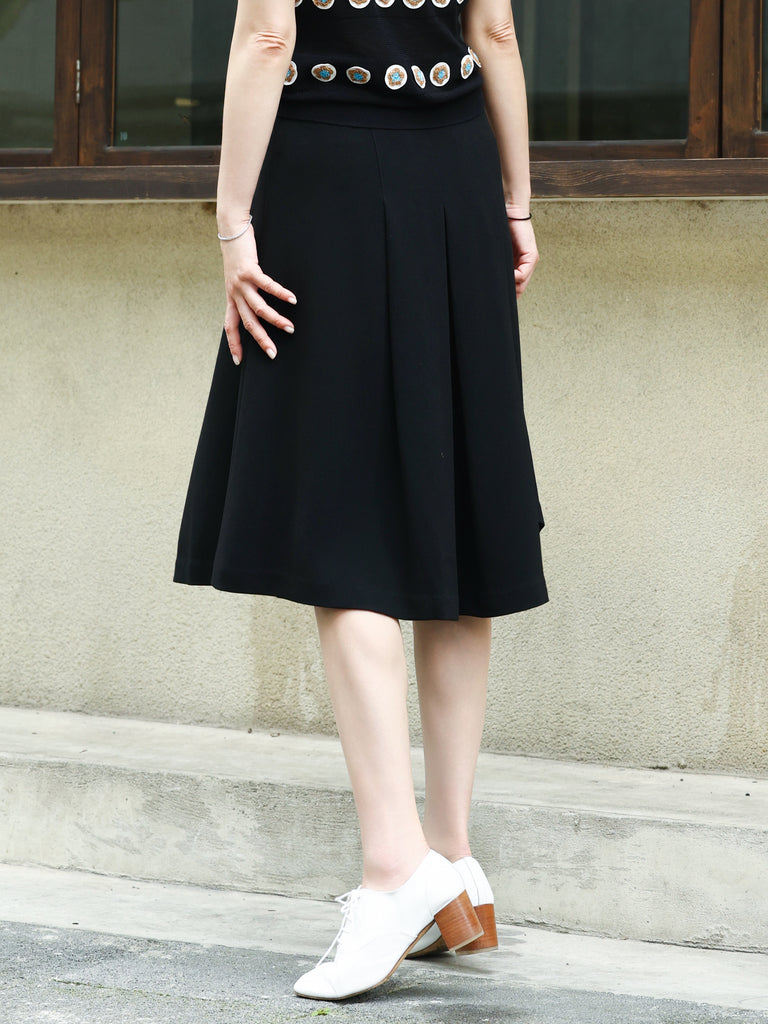 Black Double-Breasted Pleated Knee-Length Skirt