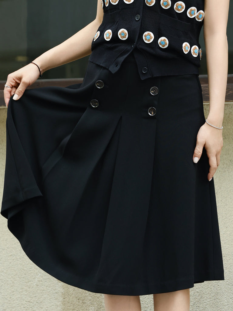 Black Double-Breasted Pleated Knee-Length Skirt