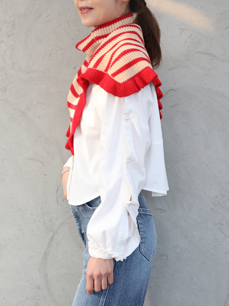 New colour! Red Stripes Ruffle Trims High Neck Knitted Cape Warmer
