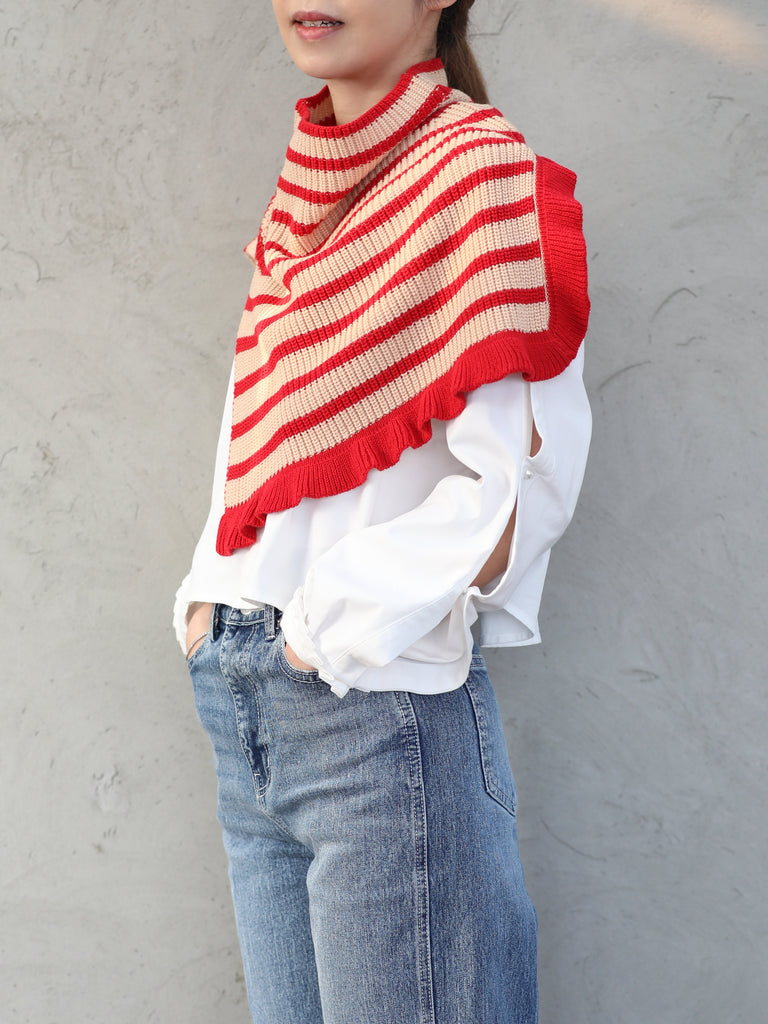 New colour! Red Stripes Ruffle Trims High Neck Knitted Cape Warmer
