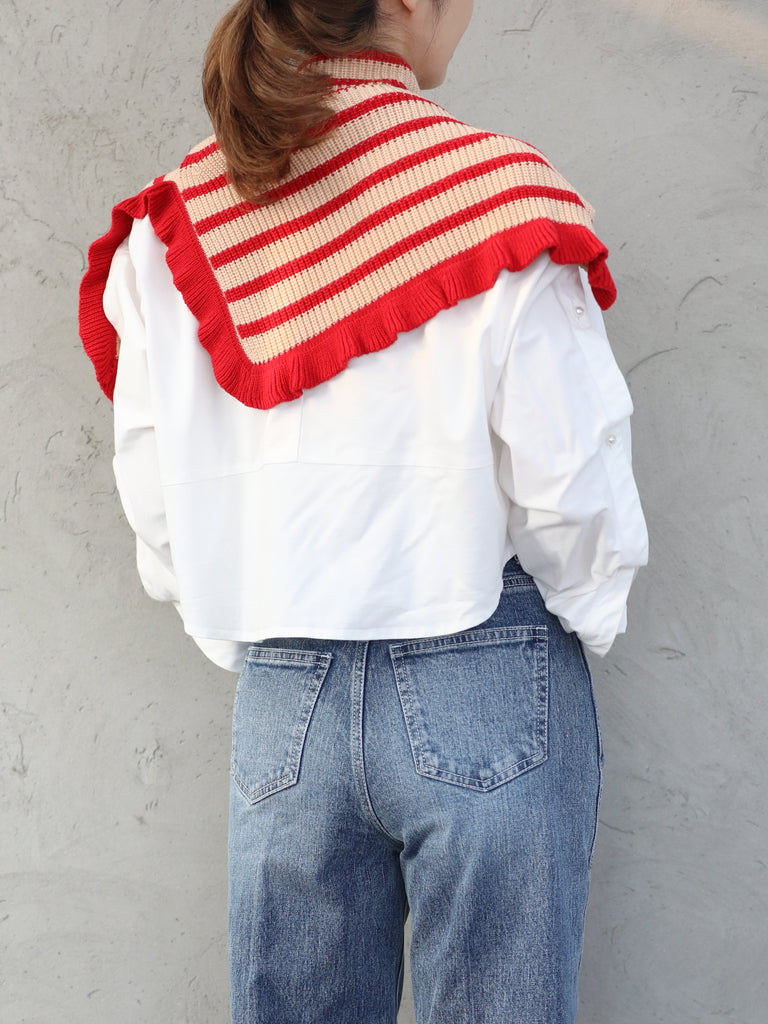 New colour! Red Stripes Ruffle Trims High Neck Knitted Cape Warmer