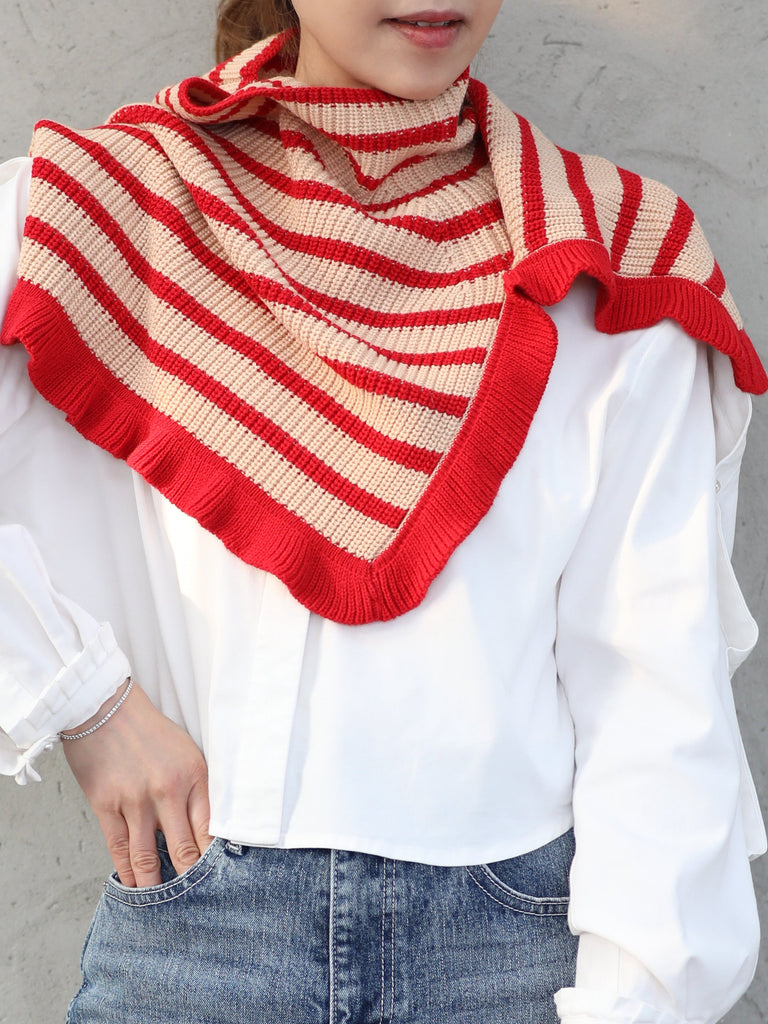 New colour! Red Stripes Ruffle Trims High Neck Knitted Cape Warmer