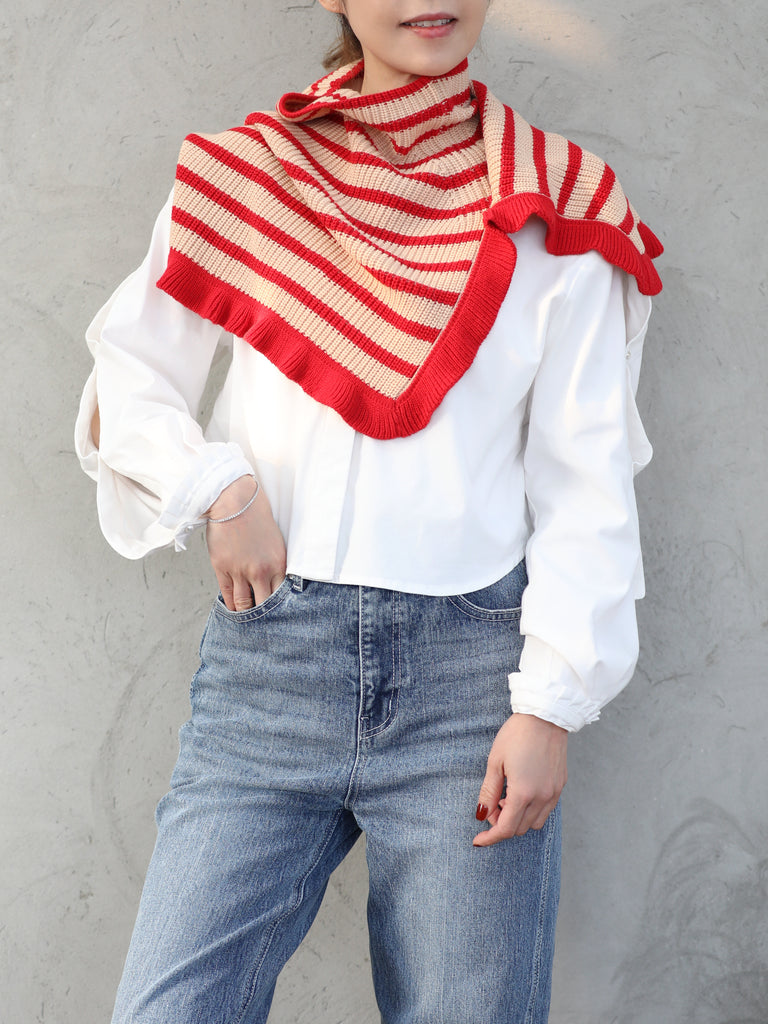 New colour! Red Stripes Ruffle Trims High Neck Knitted Cape Warmer