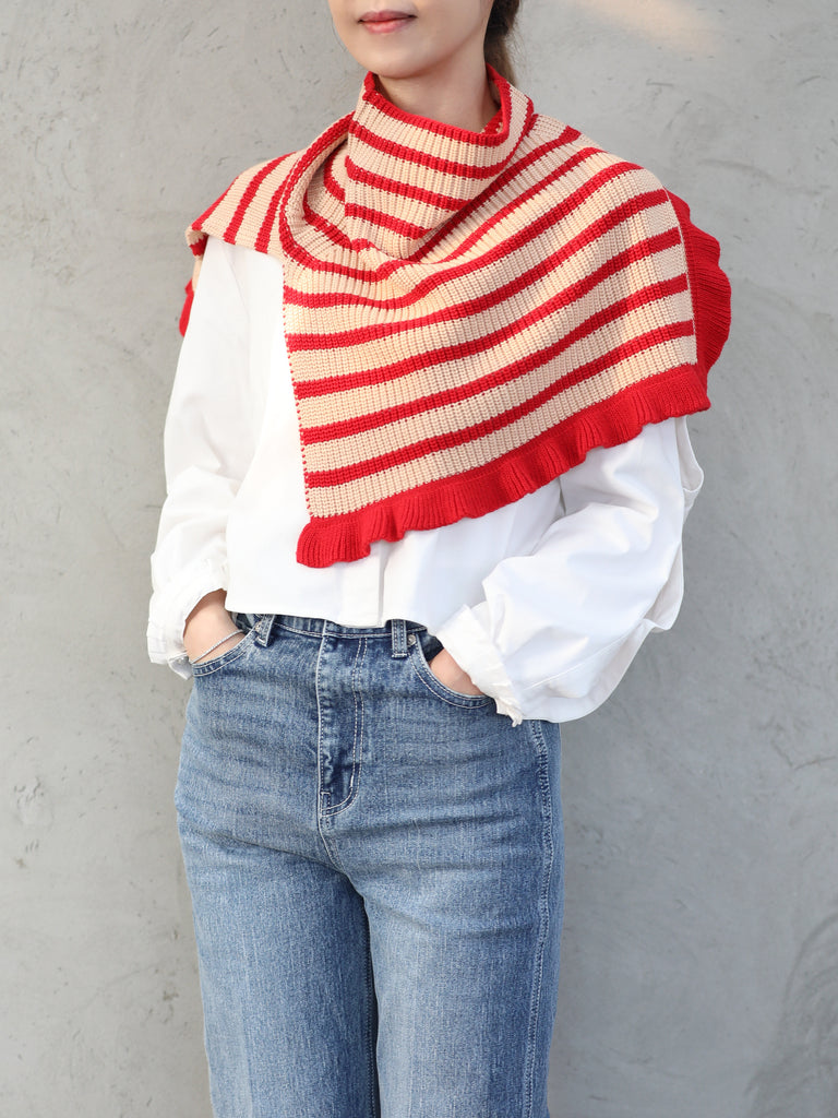 New colour! Red Stripes Ruffle Trims High Neck Knitted Cape Warmer