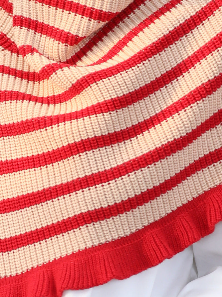 New colour! Red Stripes Ruffle Trims High Neck Knitted Cape Warmer