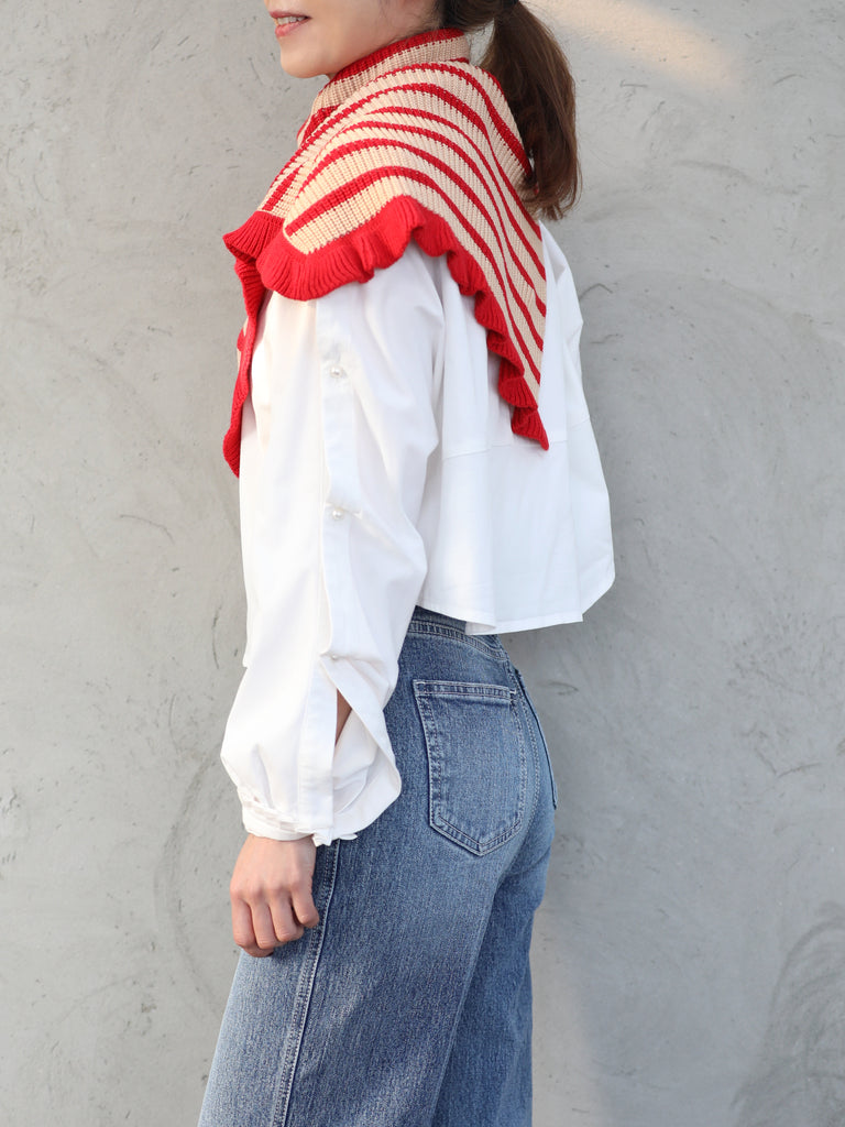 New colour! Red Stripes Ruffle Trims High Neck Knitted Cape Warmer