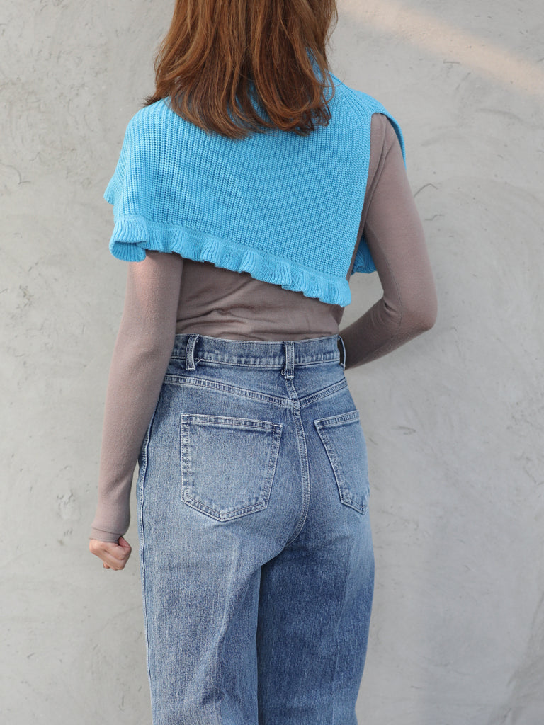 New colour! Bright Blue Ruffle Trims High Neck Knitted Cape Warmer