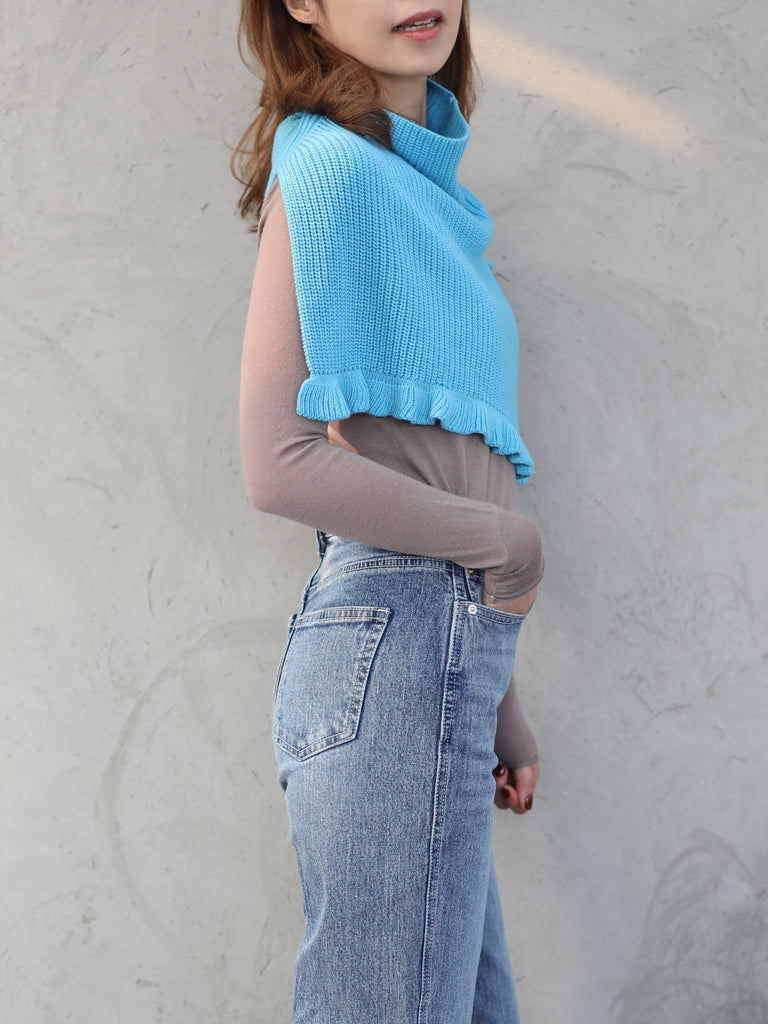 New colour! Bright Blue Ruffle Trims High Neck Knitted Cape Warmer