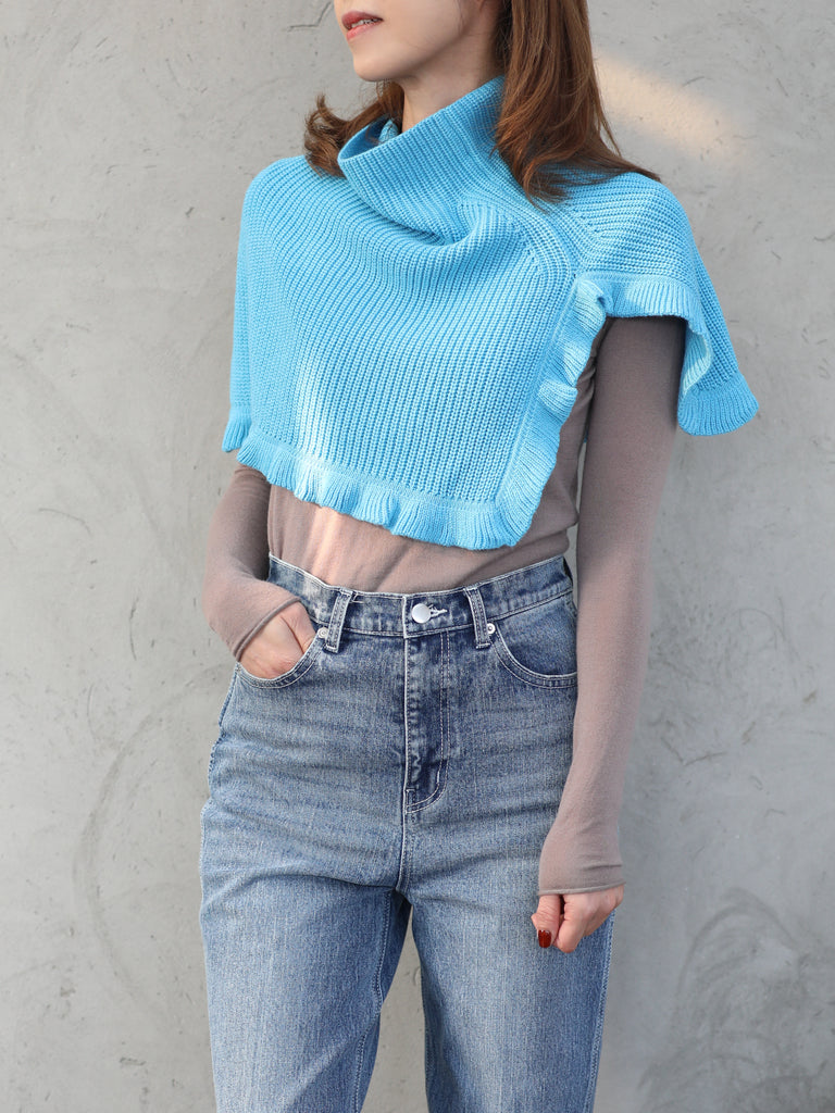 New colour! Bright Blue Ruffle Trims High Neck Knitted Cape Warmer