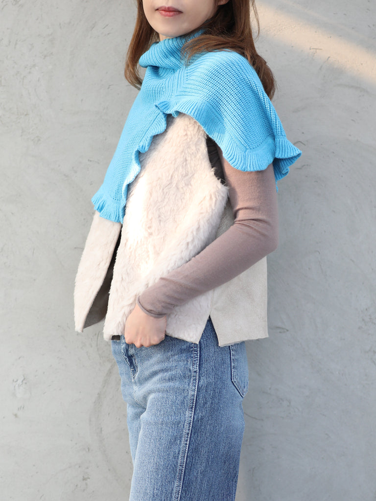New colour! Bright Blue Ruffle Trims High Neck Knitted Cape Warmer