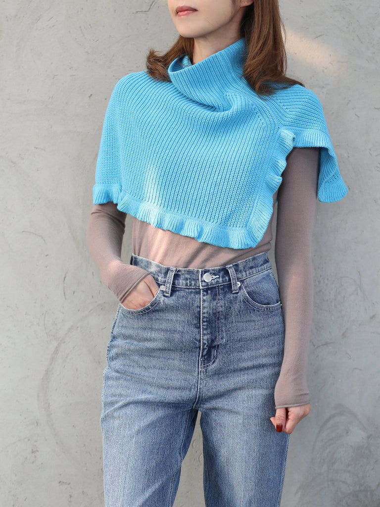 New colour! Bright Blue Ruffle Trims High Neck Knitted Cape Warmer