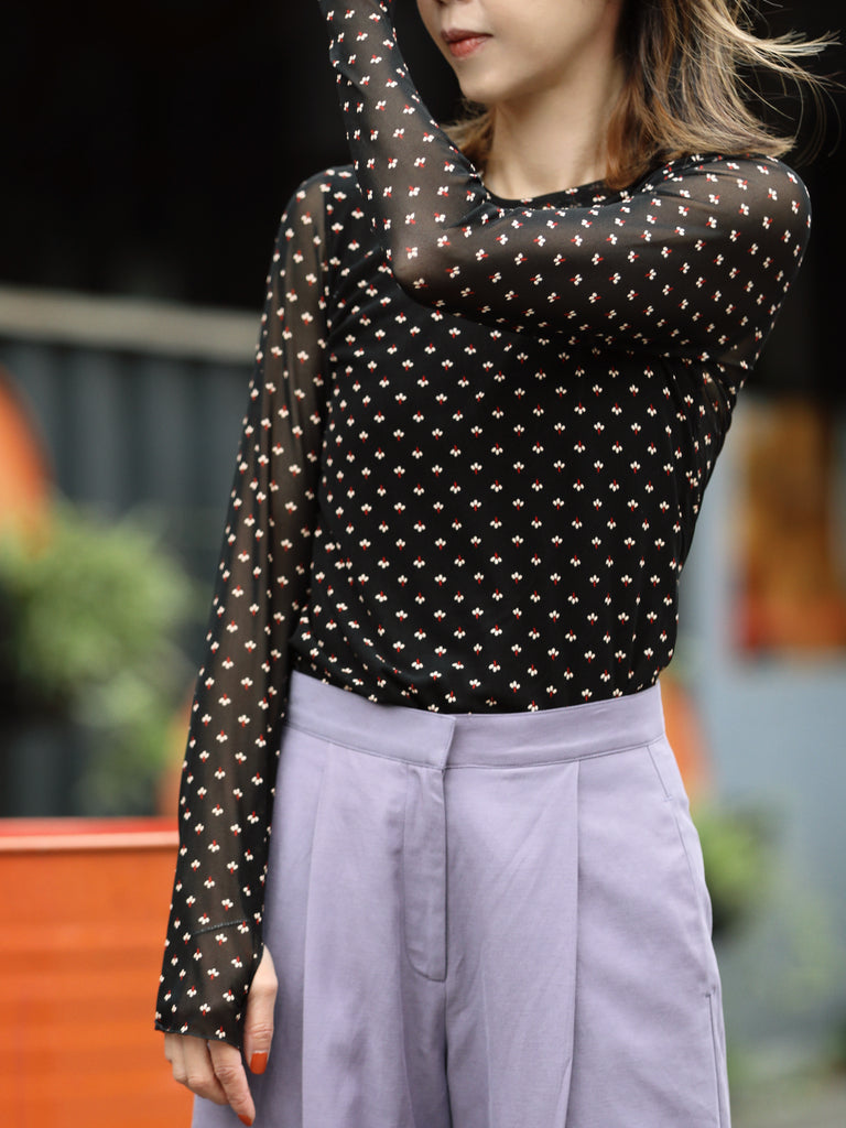 Black Mini Floral Sheer Sleeve Layering Basic Top