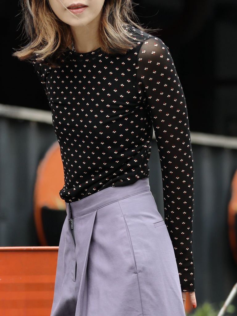 Black Mini Floral Sheer Sleeve Layering Basic Top