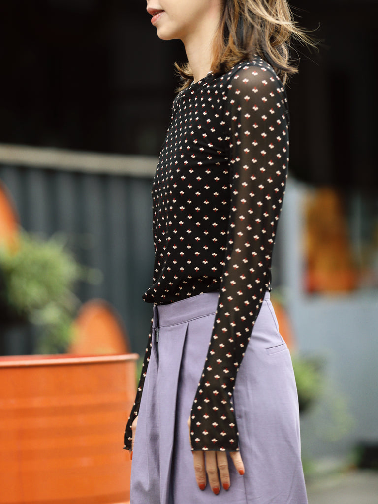 Black Mini Floral Sheer Sleeve Layering Basic Top