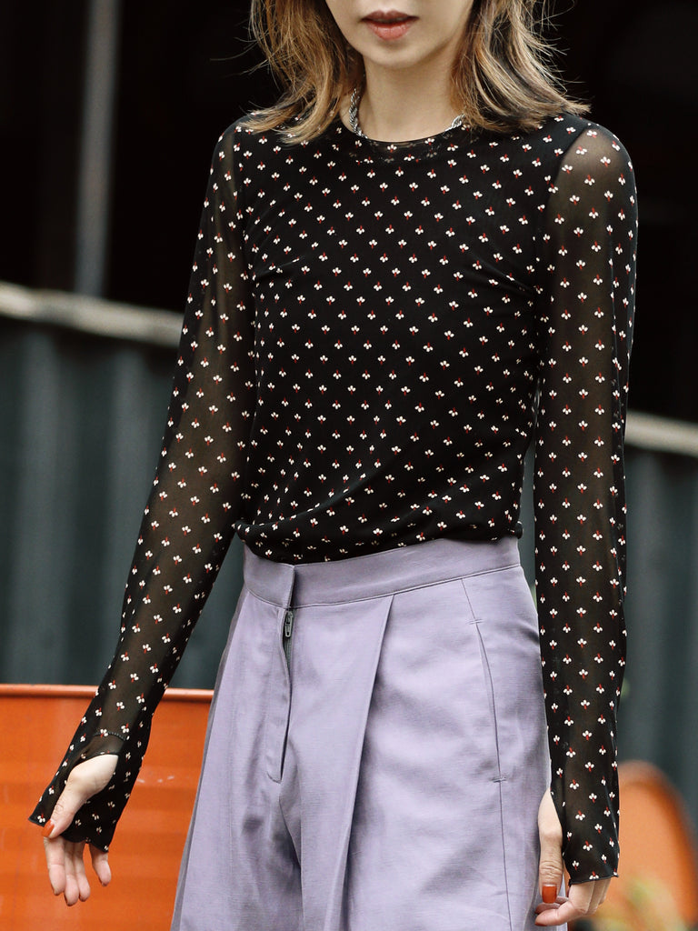 Black Mini Floral Sheer Sleeve Layering Basic Top