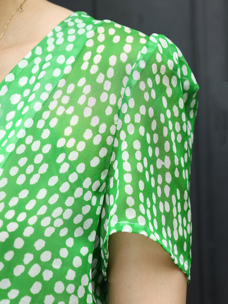 Green Dots Tie-Neck Sheer Short Sleeve Blouse