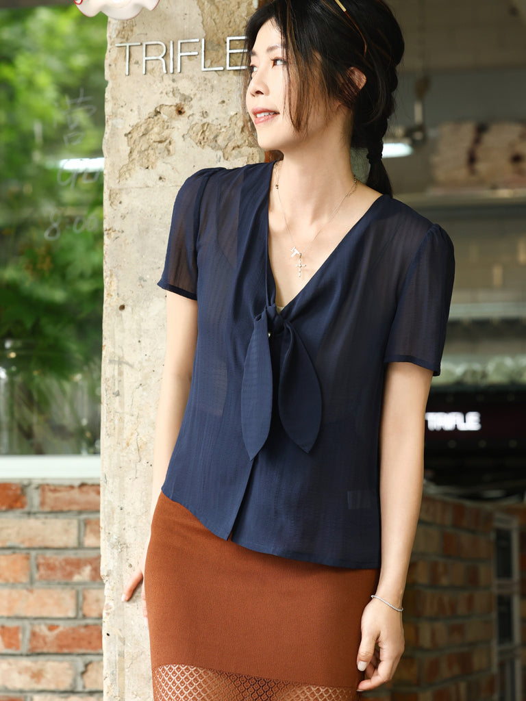 Stripe Textured Tie-Neck Sheer Short Sleeve Blouse