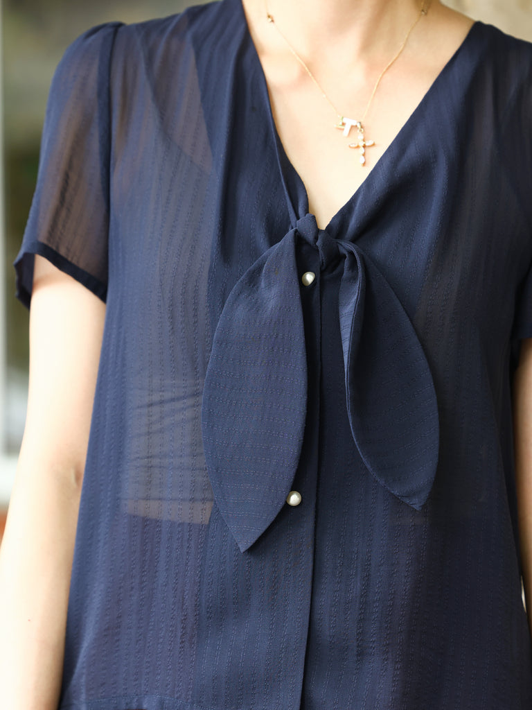 Stripe Textured Tie-Neck Sheer Short Sleeve Blouse