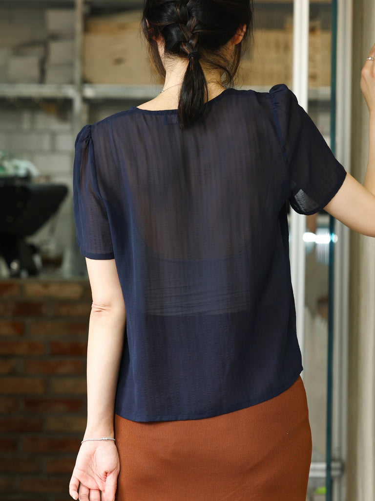 Stripe Textured Tie-Neck Sheer Short Sleeve Blouse