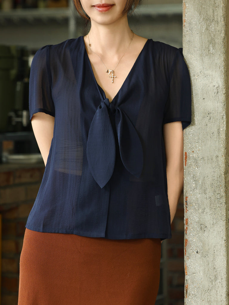 Stripe Textured Tie-Neck Sheer Short Sleeve Blouse