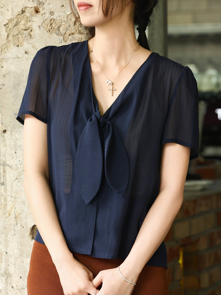 Stripe Textured Tie-Neck Sheer Short Sleeve Blouse