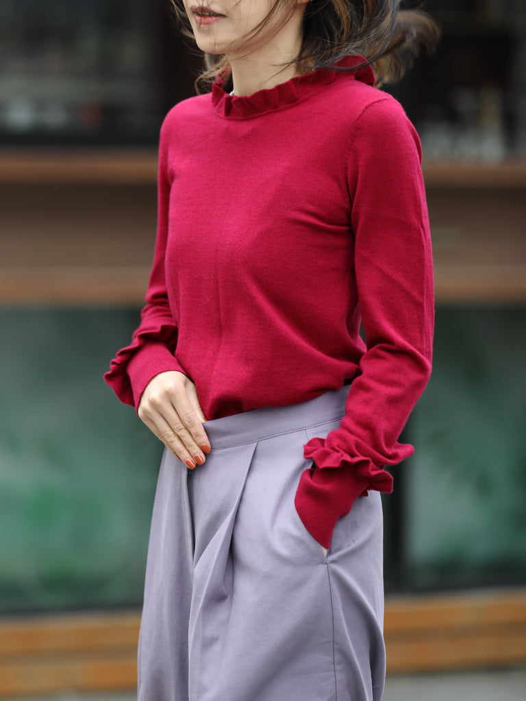 Wine Red Ruffle Trim Button Cuff Cashmere Wool Knit Jumper