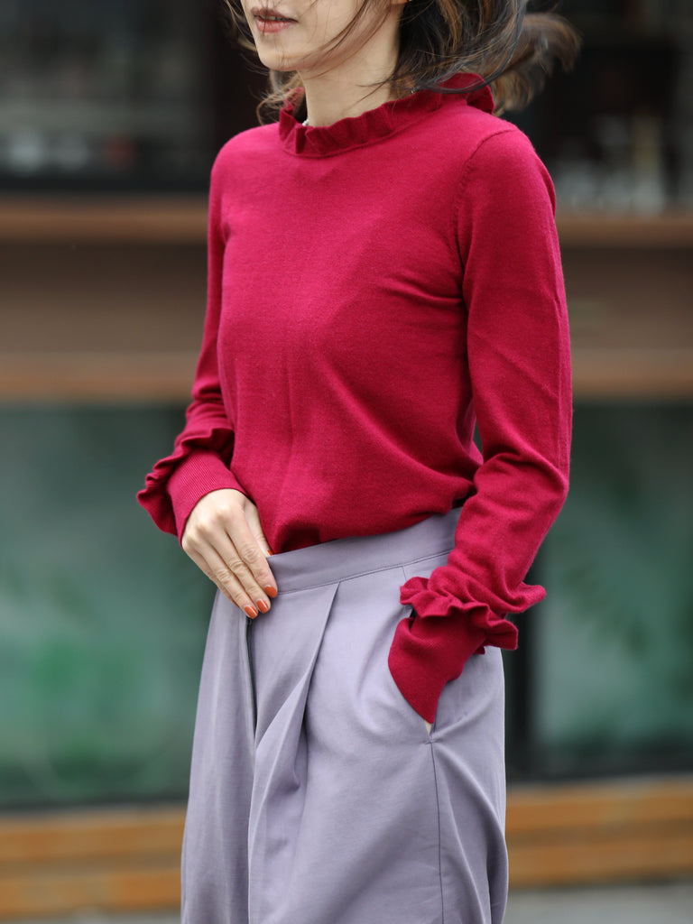 Wine Red Ruffle Trim Button Cuff Cashmere Wool Knit Jumper