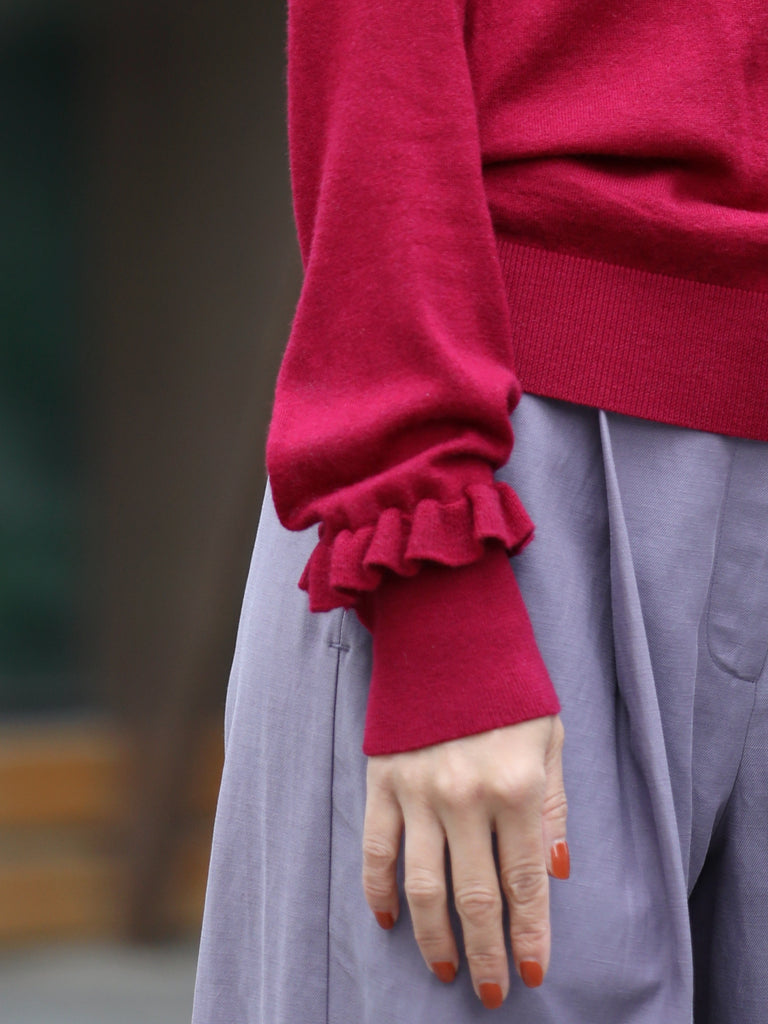 Wine Red Ruffle Trim Button Cuff Cashmere Wool Knit Jumper