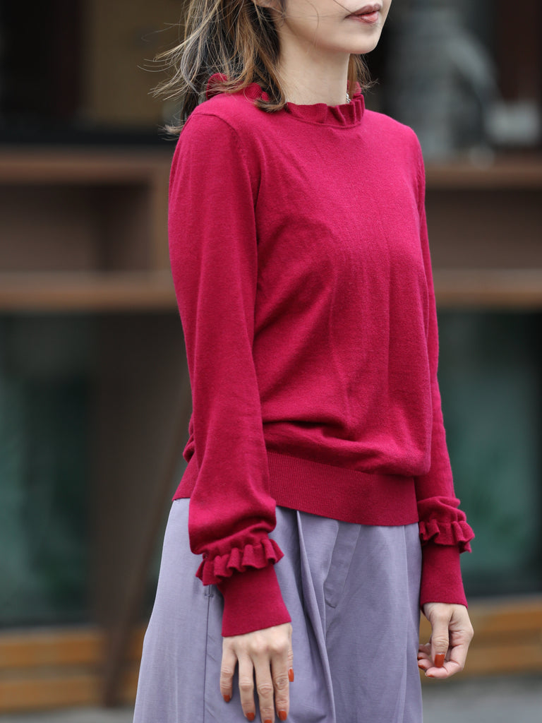 Wine Red Ruffle Trim Button Cuff Cashmere Wool Knit Jumper