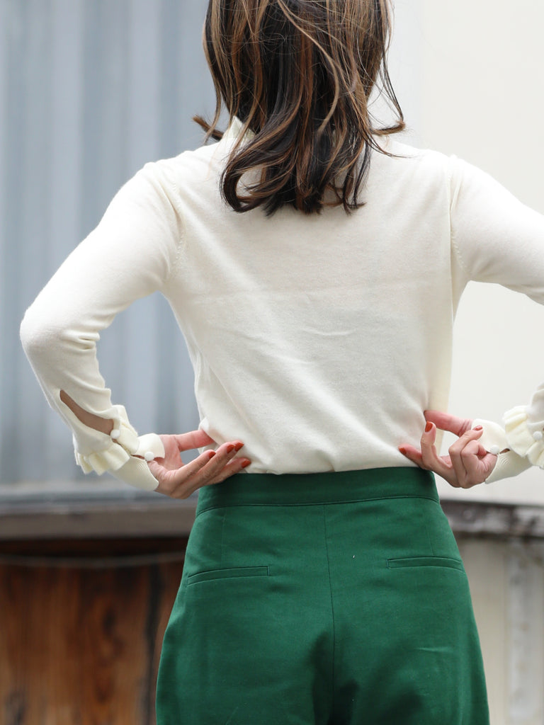 Creamy White Ruffle Trim Button Cuff Cashmere Wool Knit Jumper