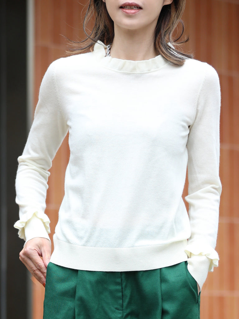 Creamy White Ruffle Trim Button Cuff Cashmere Wool Knit Jumper