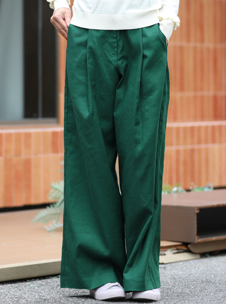 Forest Green Pleated Front Wide Leg Trousers